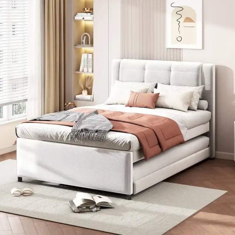 Lit plateforme rembourré double avec lit gigogne, lit gigogne dépliable ou repliable, beige