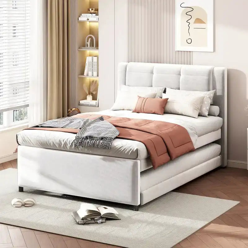 Full Size Upholstery Platform Bed with Trundle,Trundle Can be Flat or Erected, Beige