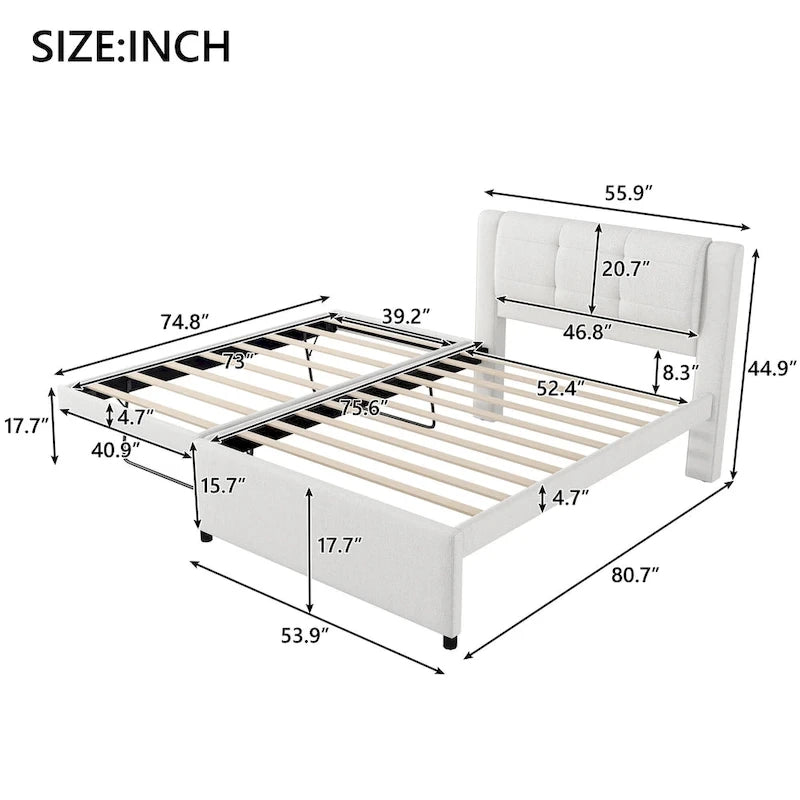 Lit plateforme rembourré double avec lit gigogne, lit gigogne dépliable ou repliable, beige