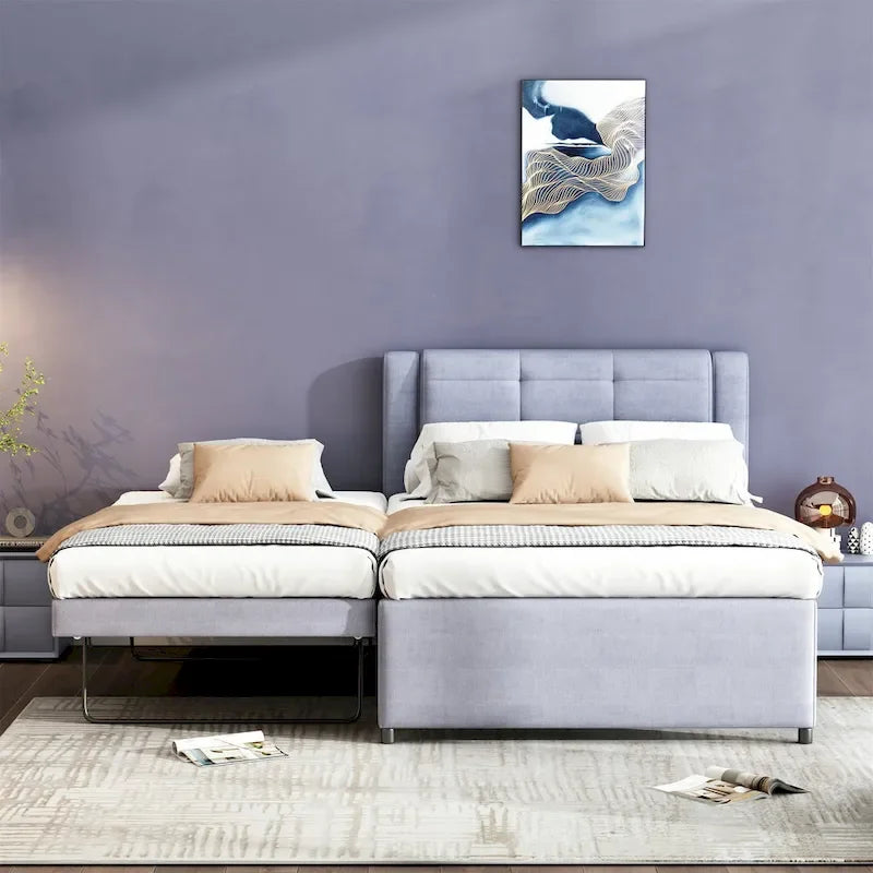 Lit plateforme rembourré double avec lit gigogne, lit gigogne dépliable ou repliable, beige