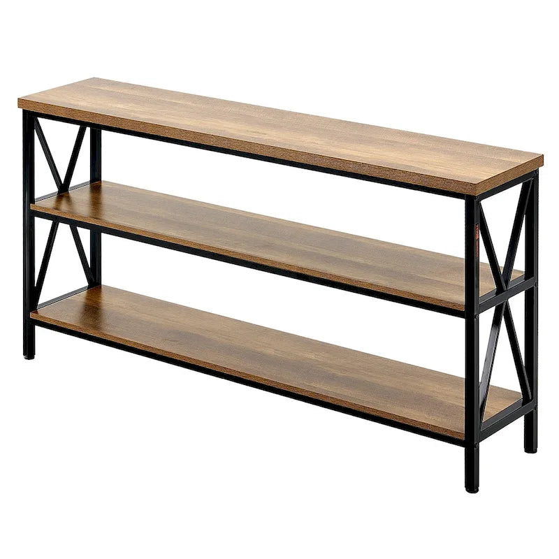 Console en MDF brun et noir, 3 niveaux, idéale pour une entrée. Charge maximale : 109 kg (240 lb). Dimensions : 140 cm (55,1 po) L x 34 cm (13,4 po) l x 76 cm (30 po) H.