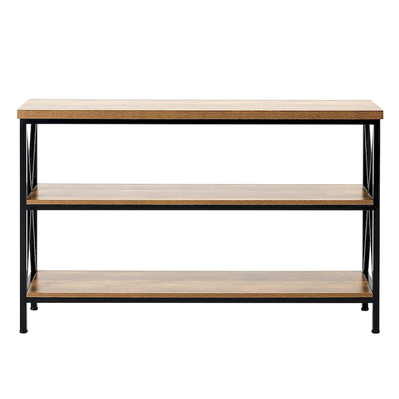 Console en MDF brun et noir, 3 niveaux, idéale pour une entrée. Charge maximale : 109 kg (240 lb). Dimensions : 140 cm (55,1 po) L x 34 cm (13,4 po) l x 76 cm (30 po) H.