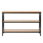 Console en MDF brun et noir, 3 niveaux, idéale pour une entrée. Charge maximale : 109 kg (240 lb). Dimensions : 140 cm (55,1 po) L x 34 cm (13,4 po) l x 76 cm (30 po) H.