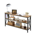 Console en MDF brun et noir, 3 niveaux, idéale pour une entrée. Charge maximale : 109 kg (240 lb). Dimensions : 140 cm (55,1 po) L x 34 cm (13,4 po) l x 76 cm (30 po) H.