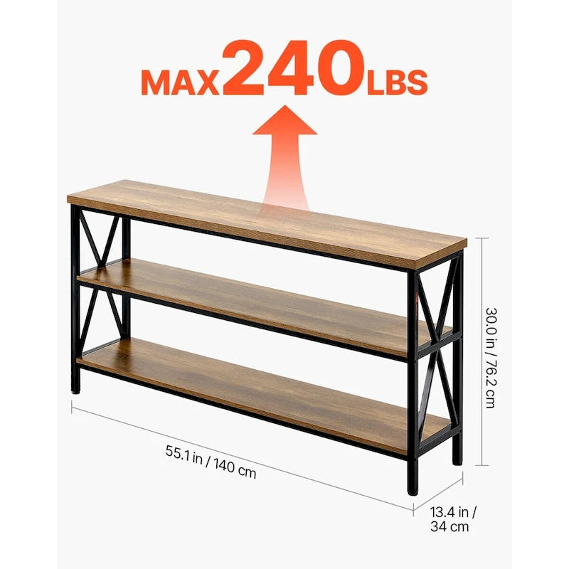 Console en MDF brun et noir, 3 niveaux, idéale pour une entrée. Charge maximale : 109 kg (240 lb). Dimensions : 140 cm (55,1 po) L x 34 cm (13,4 po) l x 76 cm (30 po) H.