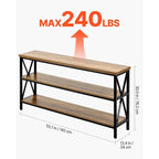 Console en MDF brun et noir, 3 niveaux, idéale pour une entrée. Charge maximale : 109 kg (240 lb). Dimensions : 140 cm (55,1 po) L x 34 cm (13,4 po) l x 76 cm (30 po) H.