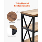 Console en MDF brun et noir, 3 niveaux, idéale pour une entrée. Charge maximale : 109 kg (240 lb). Dimensions : 140 cm (55,1 po) L x 34 cm (13,4 po) l x 76 cm (30 po) H.