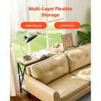 Console en MDF brun et noir, 3 niveaux, idéale pour une entrée. Charge maximale : 109 kg (240 lb). Dimensions : 140 cm (55,1 po) L x 34 cm (13,4 po) l x 76 cm (30 po) H.