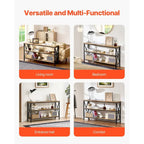 Console en MDF brun et noir, 3 niveaux, idéale pour une entrée. Charge maximale : 109 kg (240 lb). Dimensions : 140 cm (55,1 po) L x 34 cm (13,4 po) l x 76 cm (30 po) H.