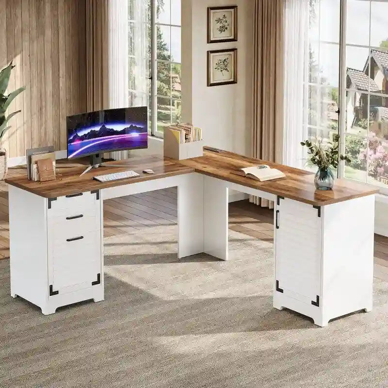 Bureau d'ordinateur de direction en forme de L avec prises de courant et ports USB Type-C et USB