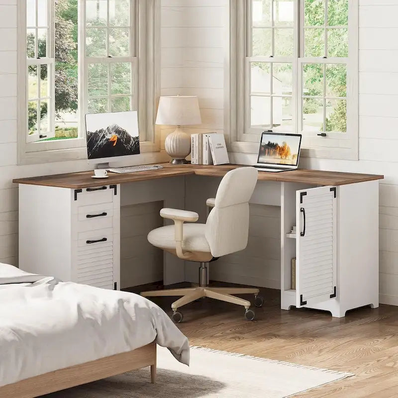 Bureau d'ordinateur de direction en forme de L avec prises de courant et ports USB Type-C et USB