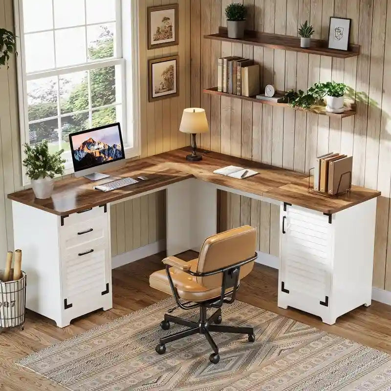 Bureau d'ordinateur de direction en forme de L avec prises de courant et ports USB Type-C et USB