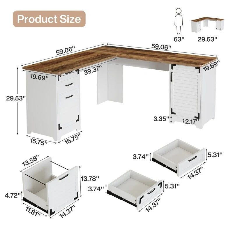 Bureau d'ordinateur de direction en forme de L avec prises de courant et ports USB Type-C et USB