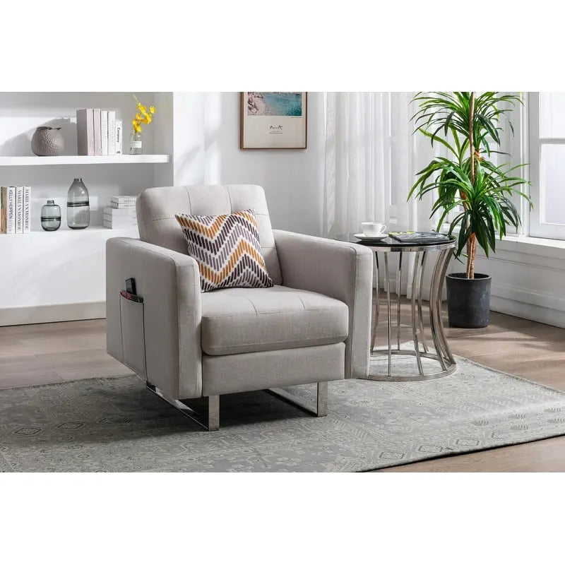 Fauteuil en lin avec pieds en métal, poches latérales et coussin