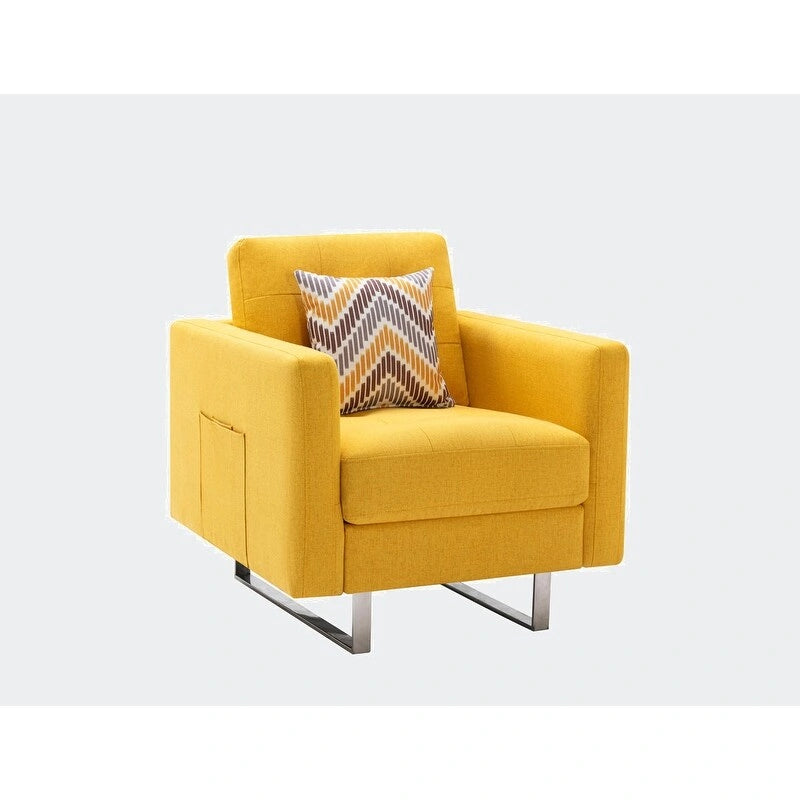 Fauteuil en lin avec pieds en métal, poches latérales et coussin