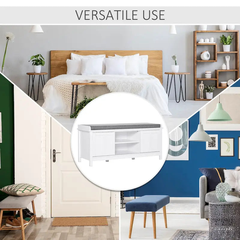 Pouf coffre à chaussures d'entrée HOMCOM avec étagères réglables, 6 compartiments et assise rembourrée, blanc/gris