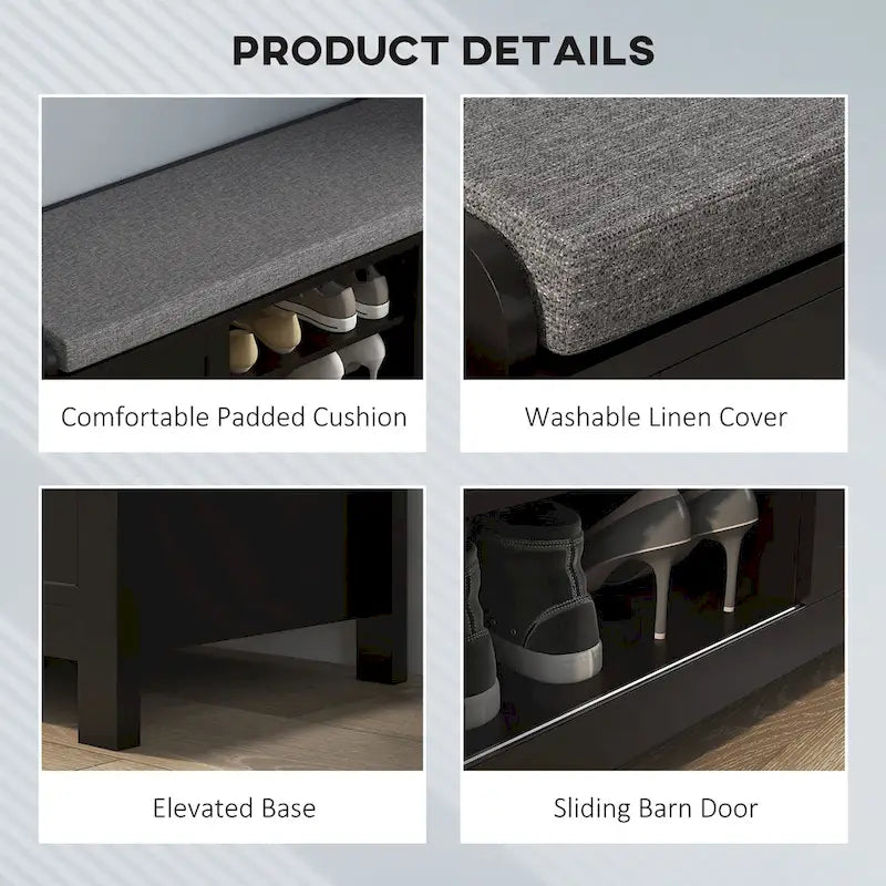 Pouf coffre à chaussures d'entrée HOMCOM avec étagères réglables, 6 compartiments et assise rembourrée, blanc/gris