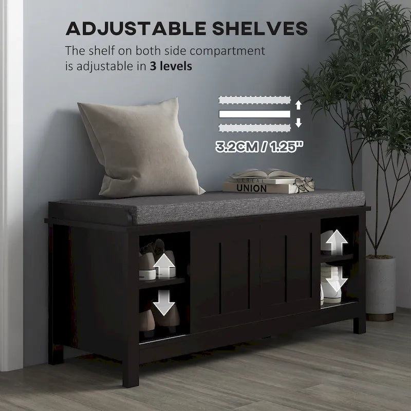 Pouf coffre à chaussures d'entrée HOMCOM avec étagères réglables, 6 compartiments et assise rembourrée, blanc/gris