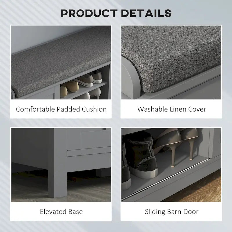 Pouf coffre à chaussures d'entrée HOMCOM avec étagères réglables, 6 compartiments et assise rembourrée, blanc/gris