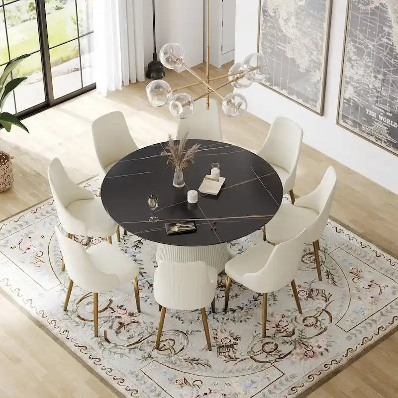 Table de salle à manger ronde moderne de 59 pouces pour 8 personnes, plateau en pierre frittée noire avec plateau tournant.