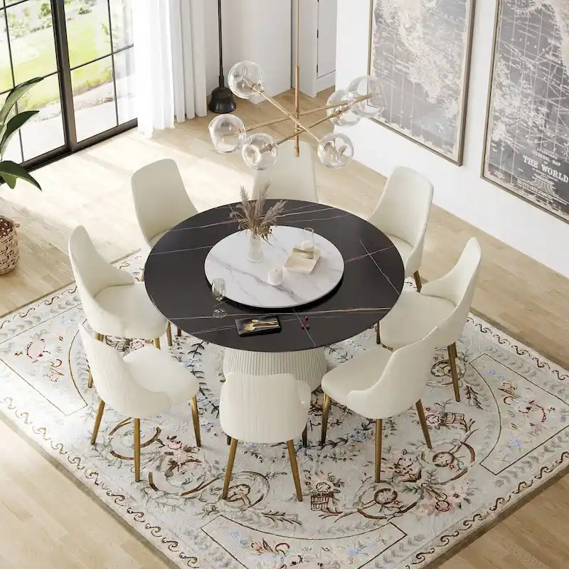 59 Modern Round Dining Table for 8, Black Sintered Stone Tabletop with Lazy Susan