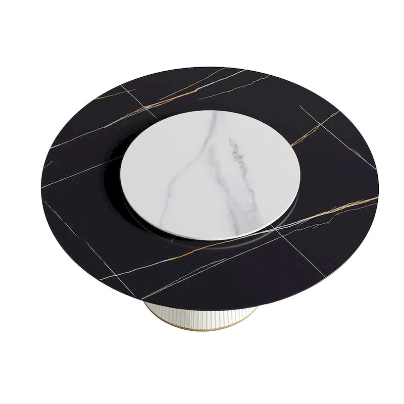Table de salle à manger ronde moderne de 59 pouces pour 8 personnes, plateau en pierre frittée noire avec plateau tournant.