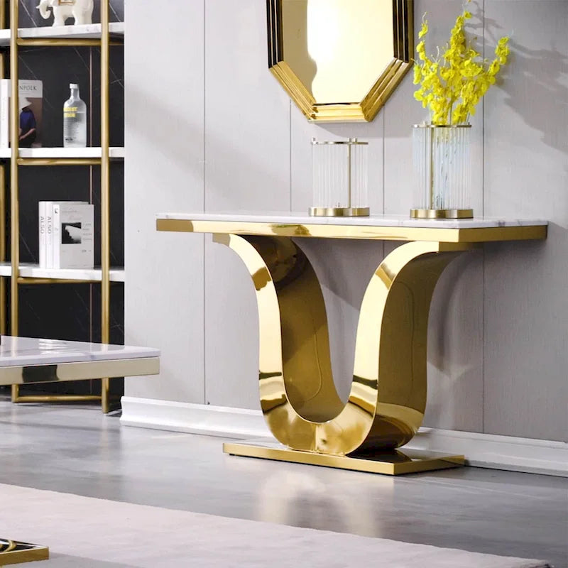 Console rectangulaire de luxe de 127 cm (50 pouces) avec piètement en U en acier inoxydable, idéale pour le salon ou l'entrée.
