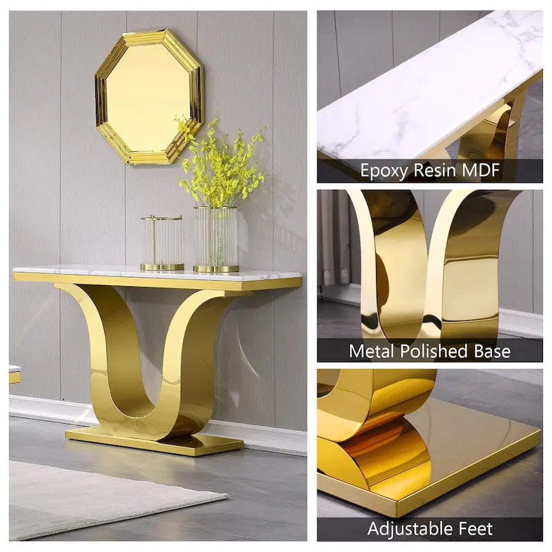 Console rectangulaire de luxe de 127 cm (50 pouces) avec piètement en U en acier inoxydable, idéale pour le salon ou l'entrée.