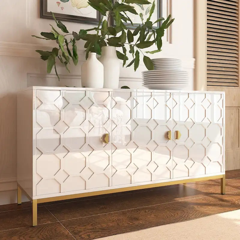 Buffet d'appoint Clihome à 3 portes, finition brillante, avec rangement multimédia.