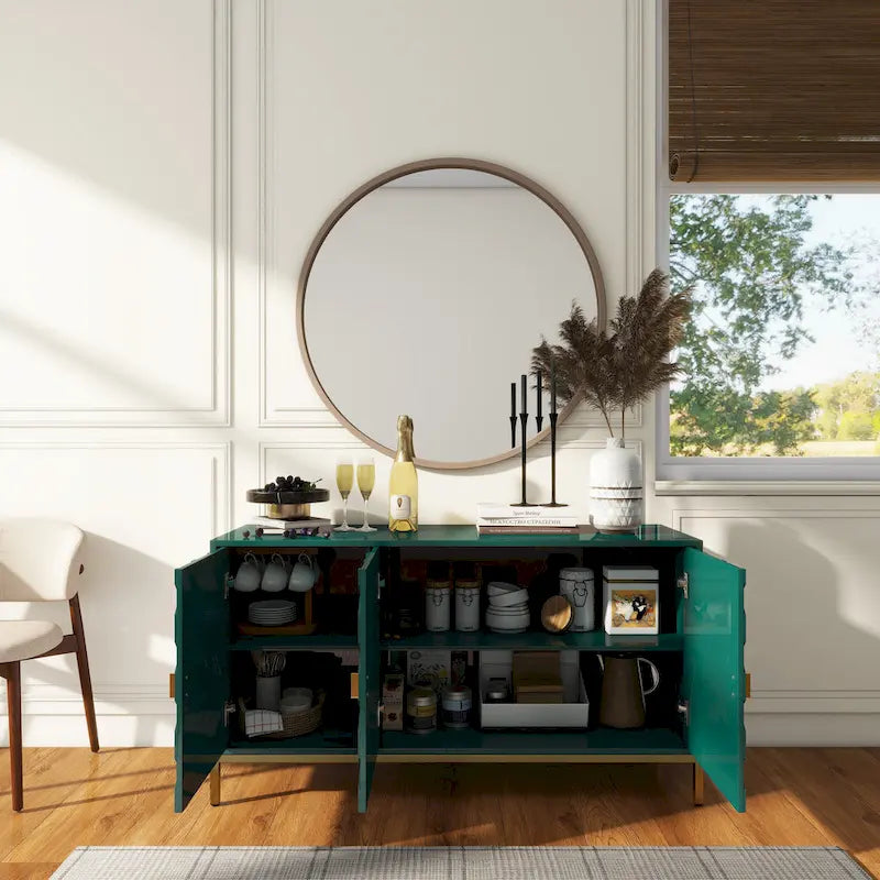 Buffet d'appoint Clihome à 3 portes, finition brillante, avec rangement multimédia.