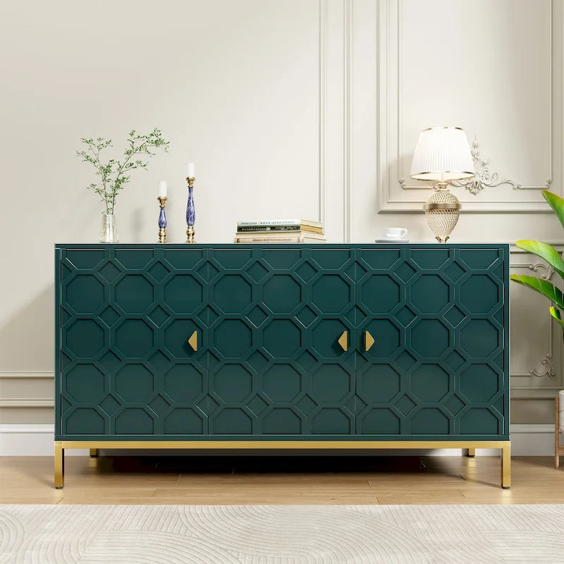 Buffet d'appoint Clihome à 3 portes, finition brillante, avec rangement multimédia.