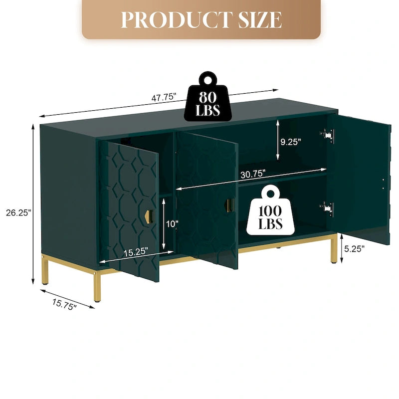 Buffet d'appoint Clihome à 3 portes, finition brillante, avec rangement multimédia.