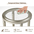 Table d'appoint ronde à deux niveaux en verre trempé argenté COSIEST avec étagère de rangement