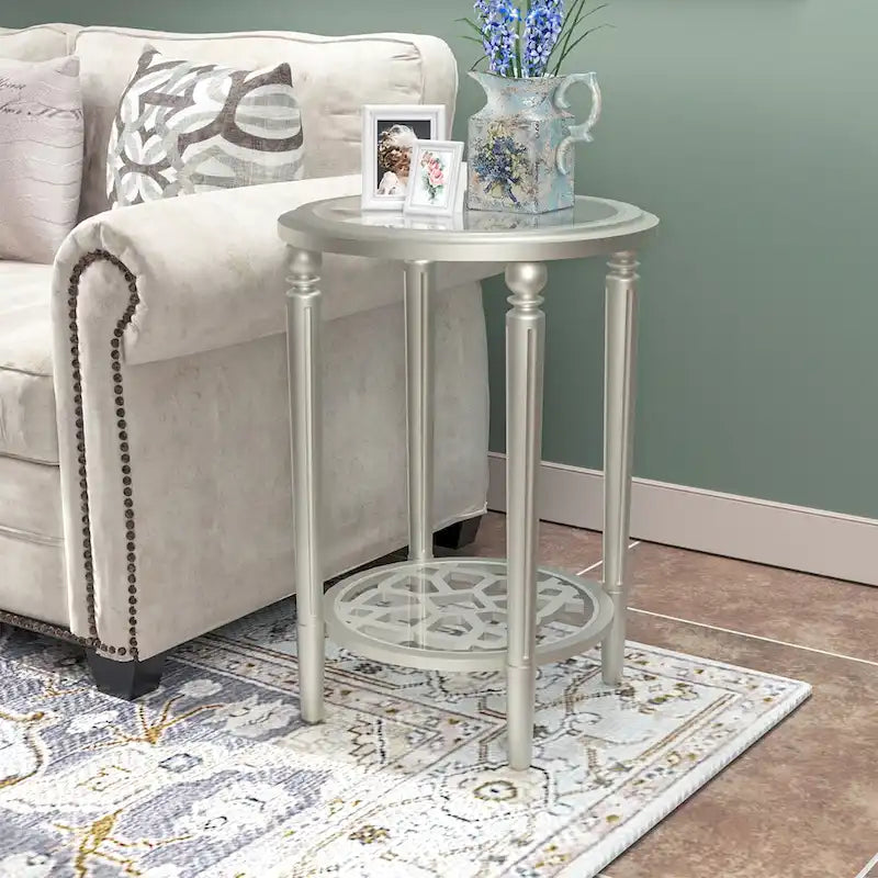 Table d'appoint ronde à deux niveaux en verre trempé argenté COSIEST avec étagère de rangement
