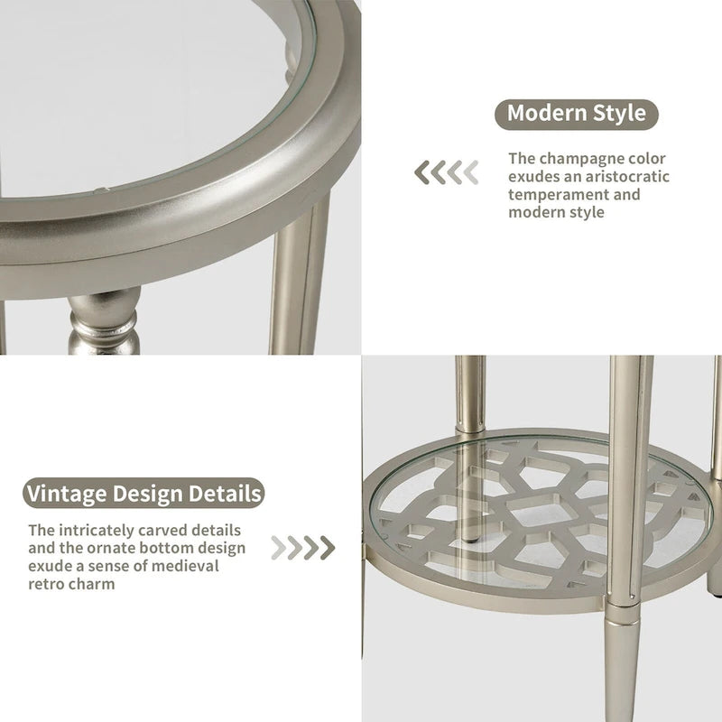 Table d'appoint ronde à deux niveaux en verre trempé argenté COSIEST avec étagère de rangement