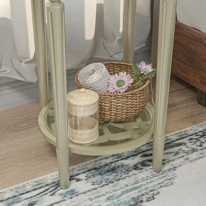 Table d'appoint ronde à deux niveaux en verre trempé argenté COSIEST avec étagère de rangement