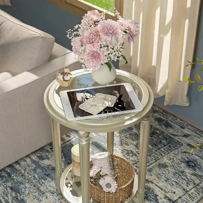 Table d'appoint ronde à deux niveaux en verre trempé argenté COSIEST avec étagère de rangement