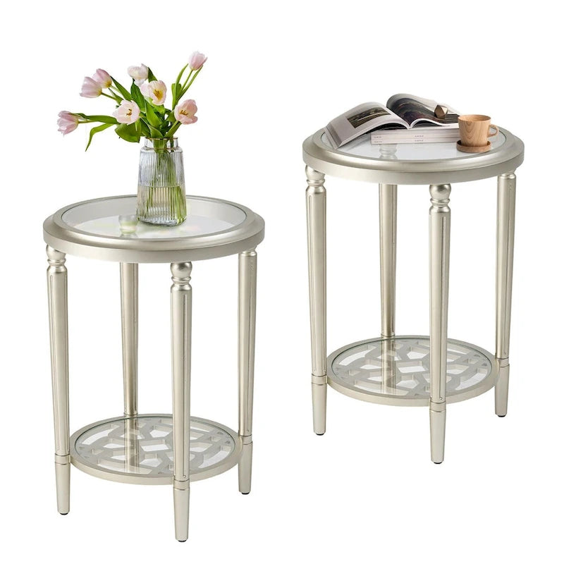 Table d'appoint ronde à deux niveaux en verre trempé argenté COSIEST avec étagère de rangement