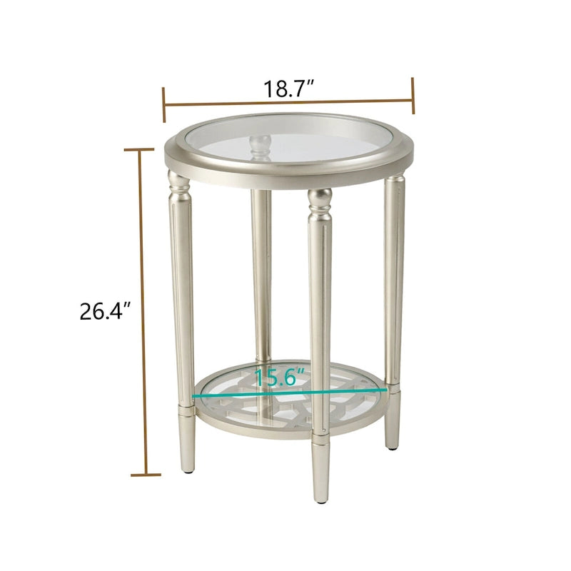 Table d'appoint ronde à deux niveaux en verre trempé argenté COSIEST avec étagère de rangement