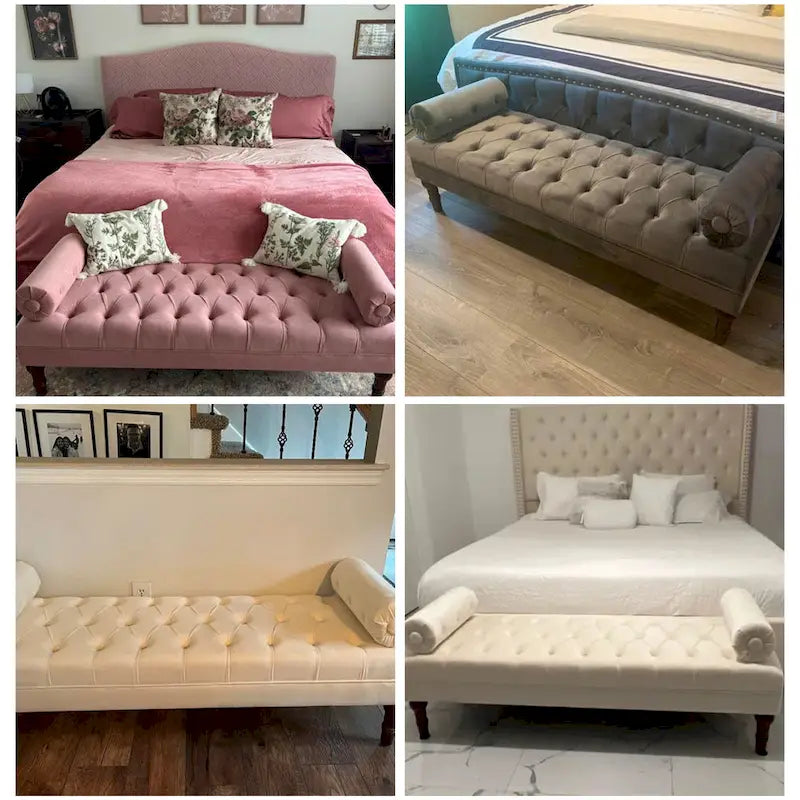 Banc de chambre en velours rose/beige/bleu/gris capitonné avec boutons 60,2.