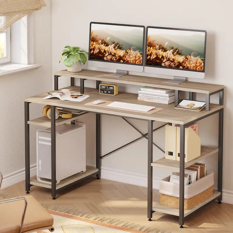 55 Inch Dual Monitor Computer Desk with Adjustable Shelves