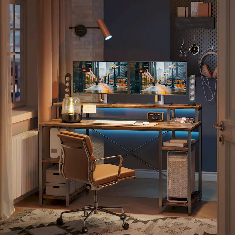 Bureau d'ordinateur double écran 55 pouces avec étagères réglables
