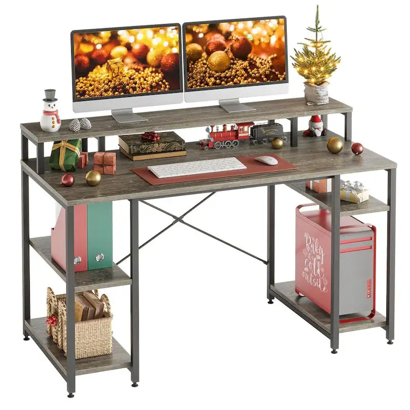 Bureau d'ordinateur double écran 55 pouces avec étagères réglables