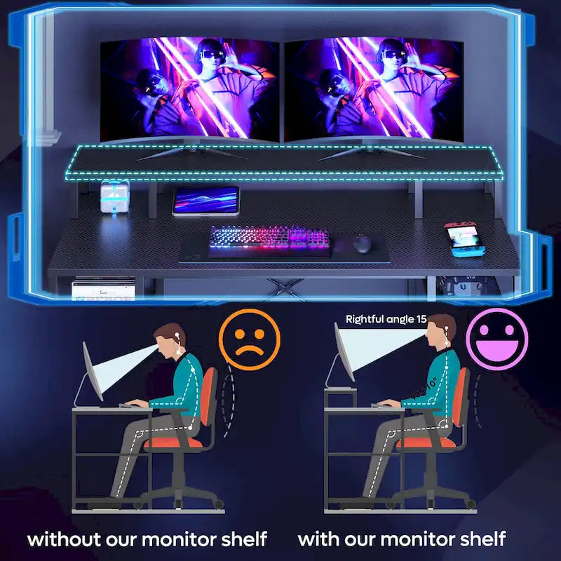 Bureau d'ordinateur double écran 55 pouces avec étagères réglables