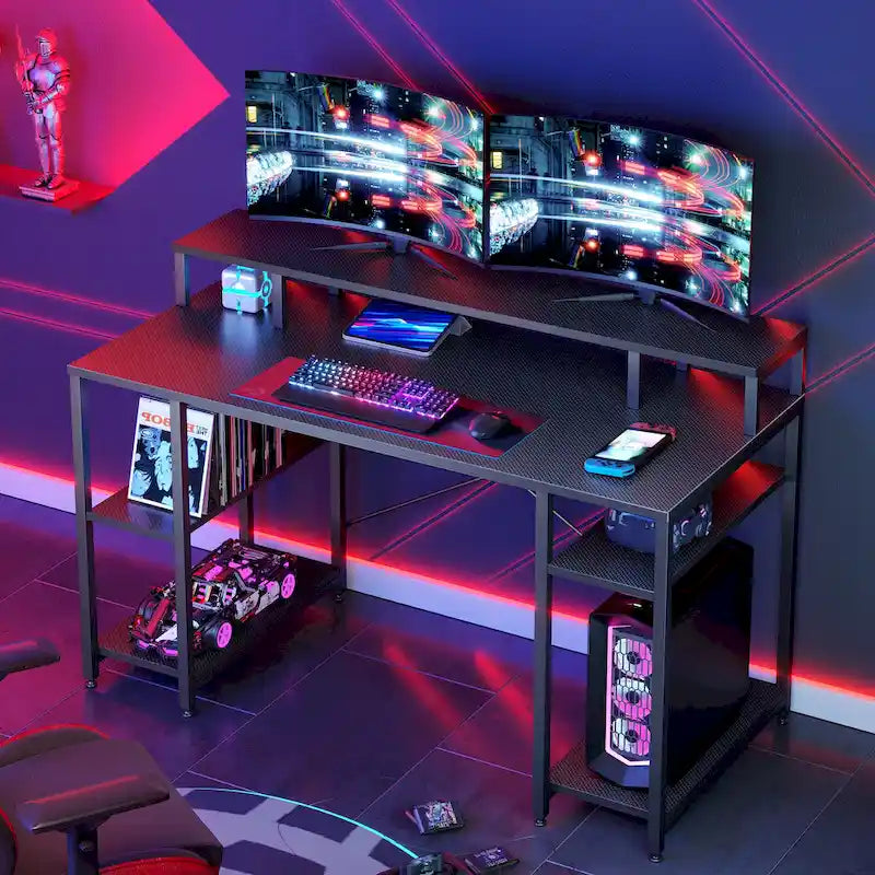 Bureau d'ordinateur double écran 55 pouces avec étagères réglables