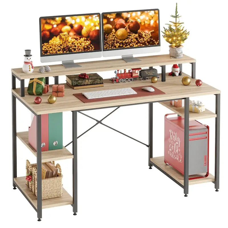Bureau d'ordinateur double écran 55 pouces avec étagères réglables