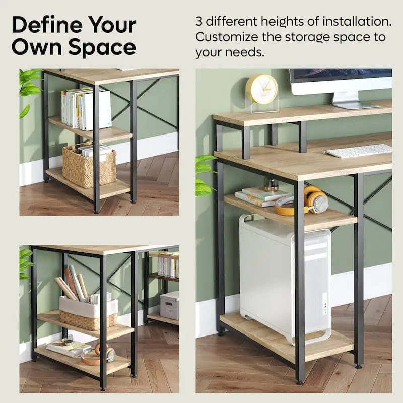 Bureau d'ordinateur double écran 55 pouces avec étagères réglables