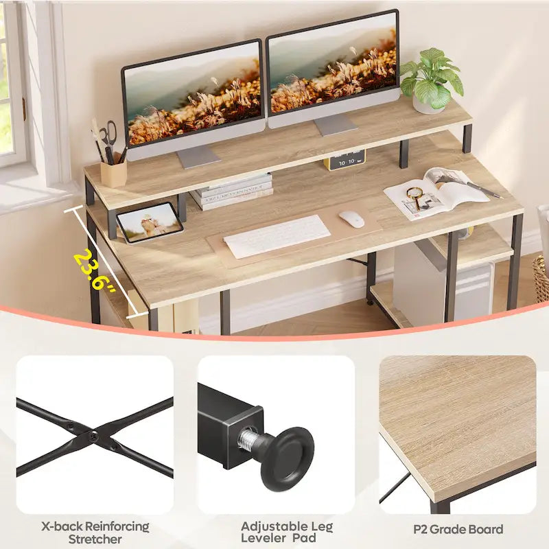 Bureau d'ordinateur double écran 55 pouces avec étagères réglables