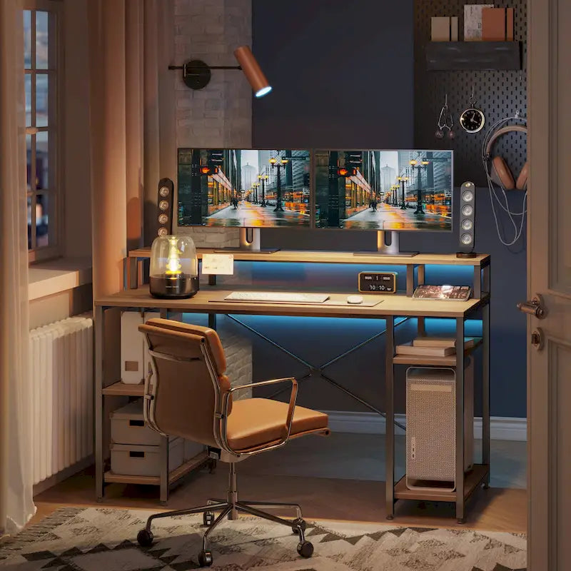 Bureau d'ordinateur double écran 55 pouces avec étagères réglables