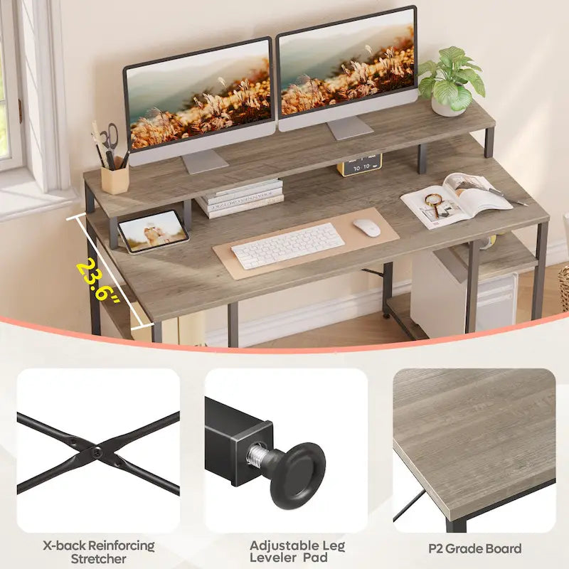 Bureau d'ordinateur double écran 55 pouces avec étagères réglables